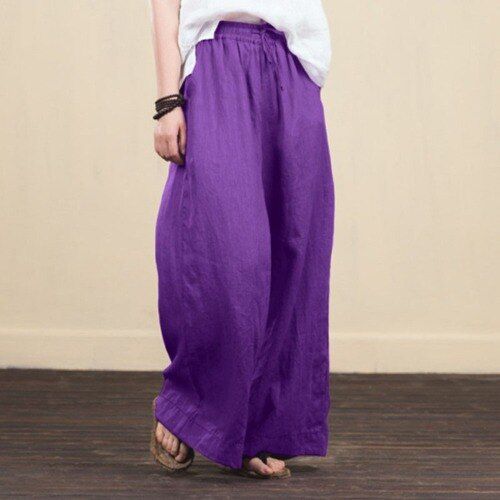 Women Solid Cotton Linen Wide Leg Pants Casual High Waist big flare Loose Pocket Trousers summer Long Pantalon 4XL