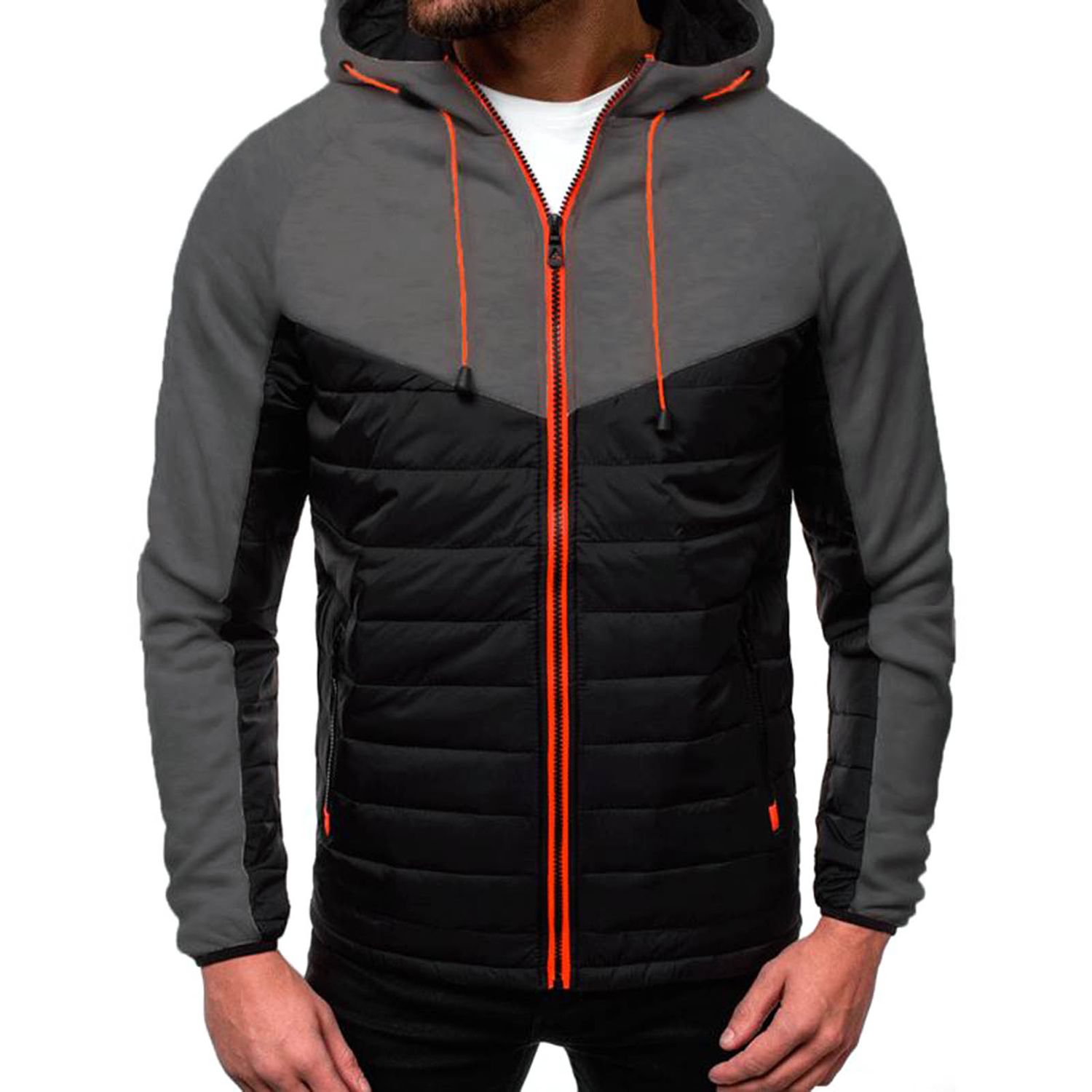 Men Sweatshirt Hooded Patchwork Quilted Coat