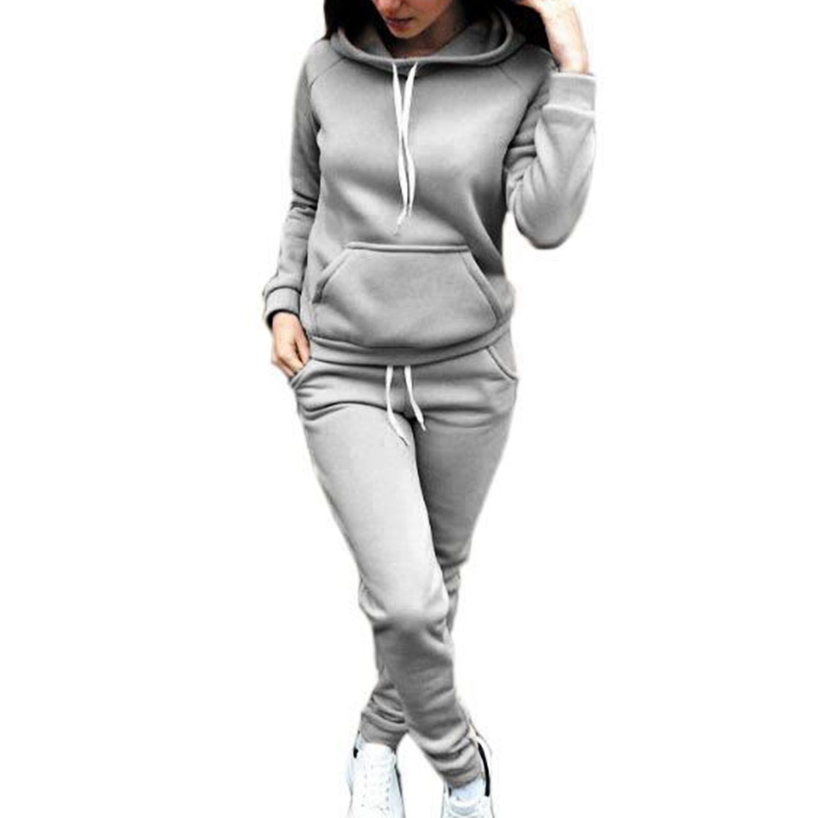 Hoodie Pants Set Shrinkable Cuff Pockets Drawstring Hooded Sporty Outfit
