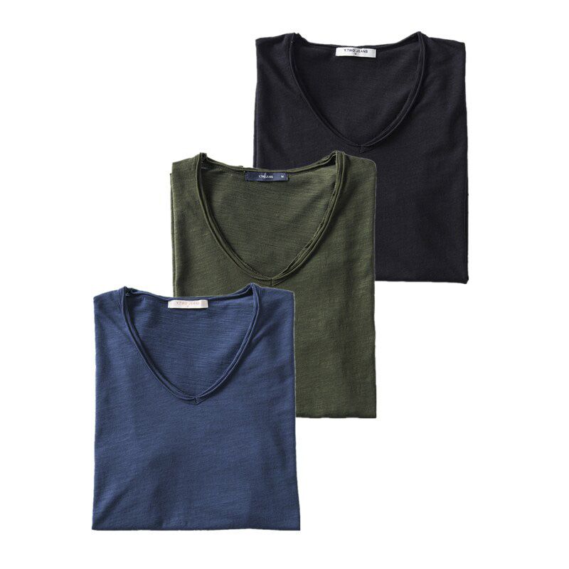 GustOmerD 3PCS 100% Cotton Soild T Shirt Men Casual V-Neck Short Sleeve Mens T-Shirts Soft Feel High Quality Male Tops Tees