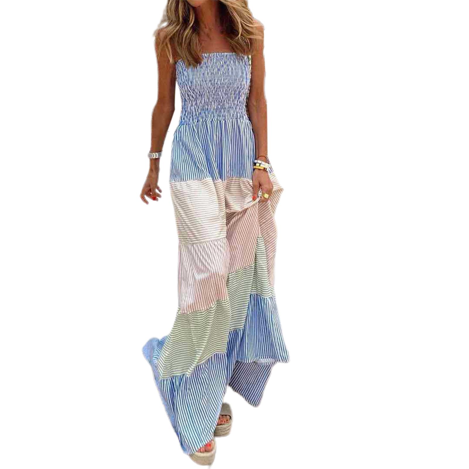 Ladies Loose Dress Bow Knot Sling Wide Hem Square Collar Tube Top Dress for Beach
