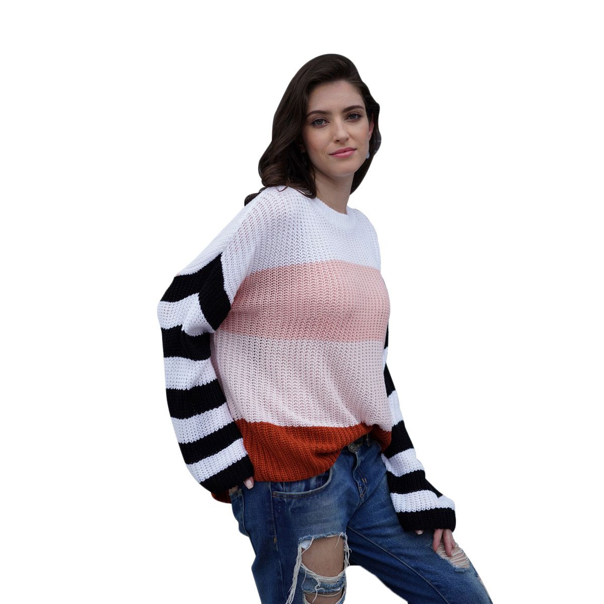 Women Long Sleeve Round Neck Color Block Stripe Knit Top Loose Casual Knit Pullover Crop Top Four Color Block Contrast Striped Sweater for Women (S/M/L/XL)
