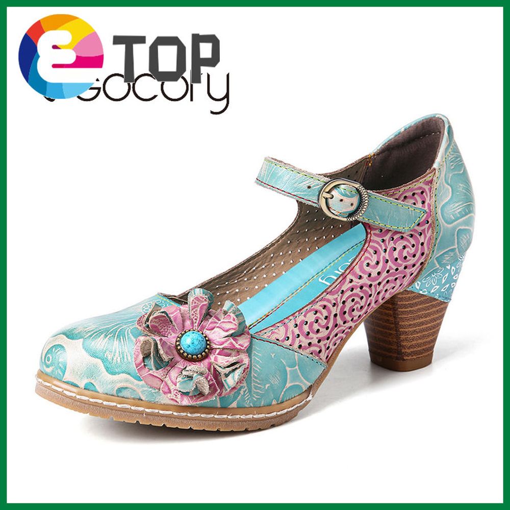 Floral Leather Buckle Ankle Strap Chunky Heel Pumps Mary Jane Dress Shoes Women High Heels Botas Mujer 2020