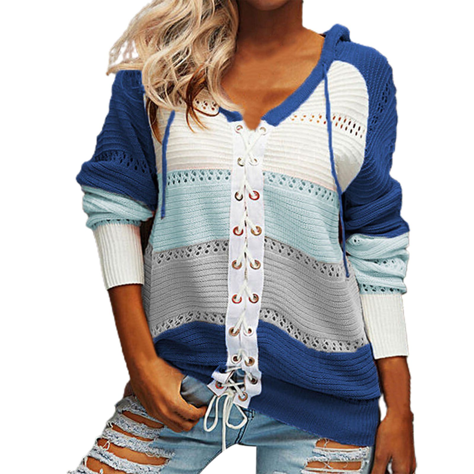 Cardigan Sweater Loose Color Block Lacing Up Knitted Cardigan