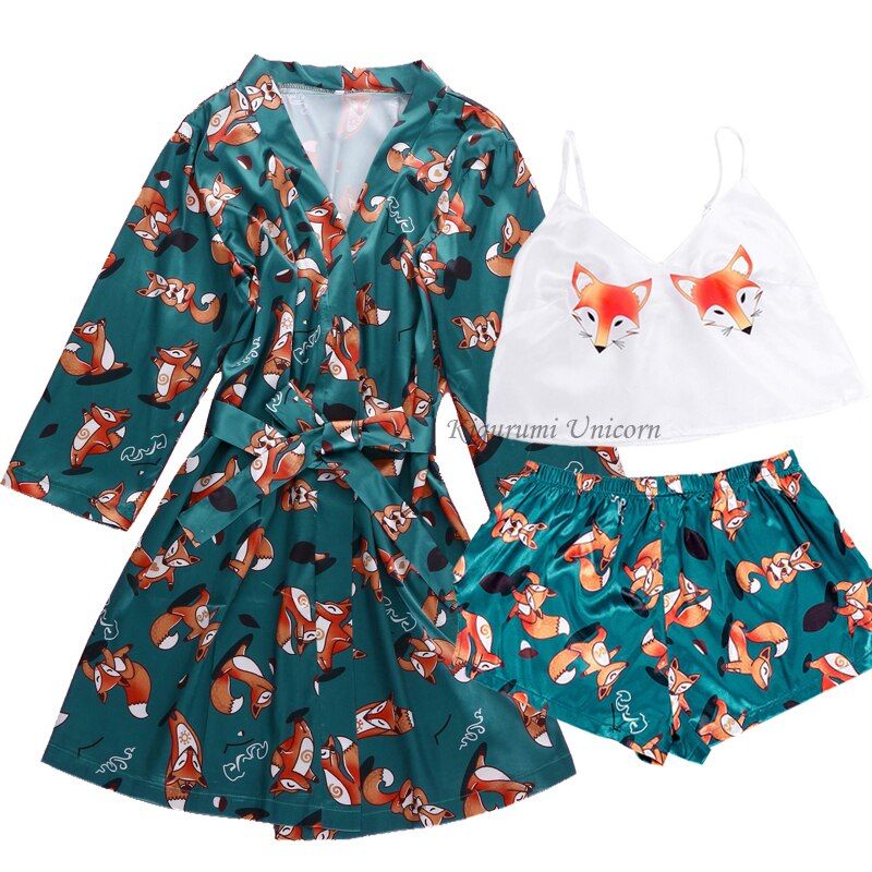 Satin Silk Pajamas Set Women 3PC Strap Top Pants Floral Printed Sleepwear Autumn Pyjamas Home Wear Nightwear Robe Gown S-XXL