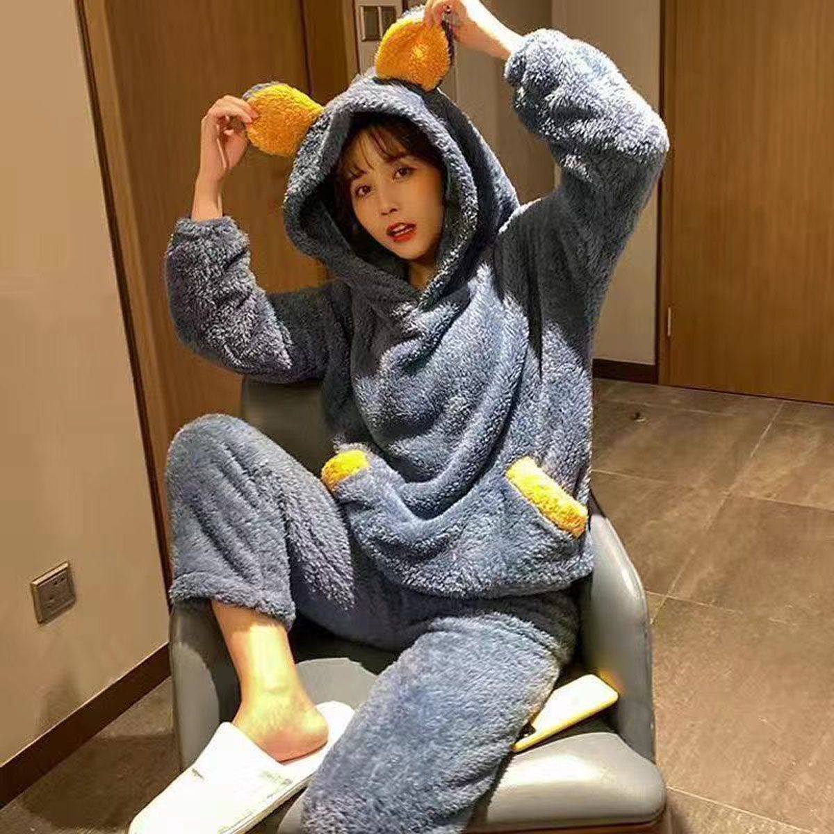 Winter Pajama Sets Women Solid Flannel Soft Sweet Students Lovely Hooded Two-pieces Thicken Plush Cute Couple Sleepwear Fashion