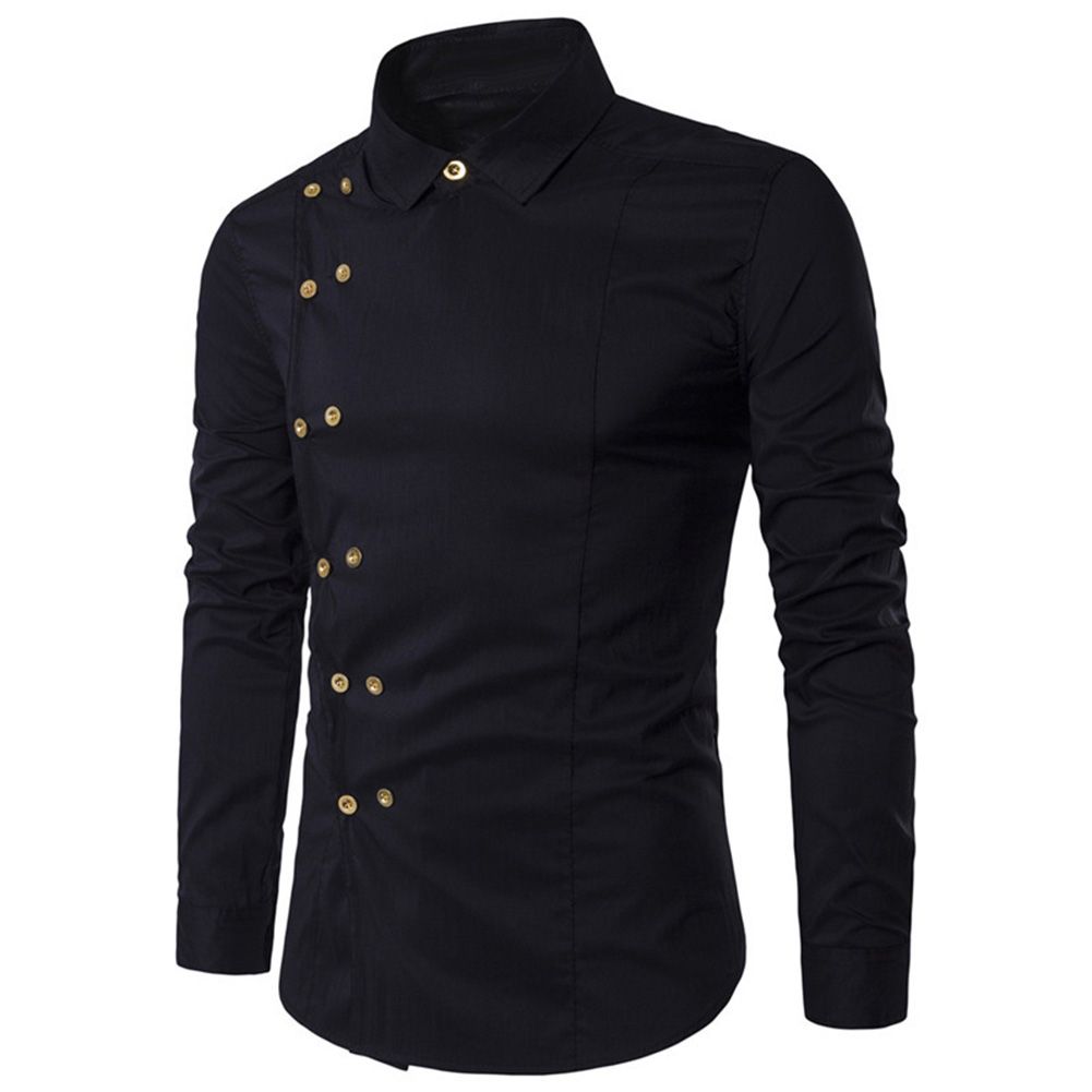 Men Long Sleeve  Collar Diagonal Buttons Cotton Shirt