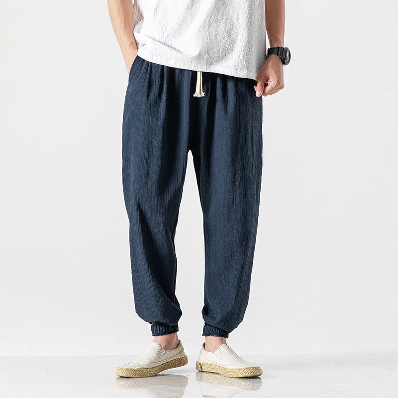 Streetwear Mens Cotton Beach Pants Male Summer Casual Calf-Length Pants Man Plaid Hip Hop Baggy Loose Trousers
