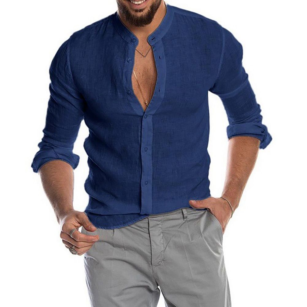 Men Casual Autumn Long Sleeve Stand Collar Single-breasted Office Shirt T-shirt