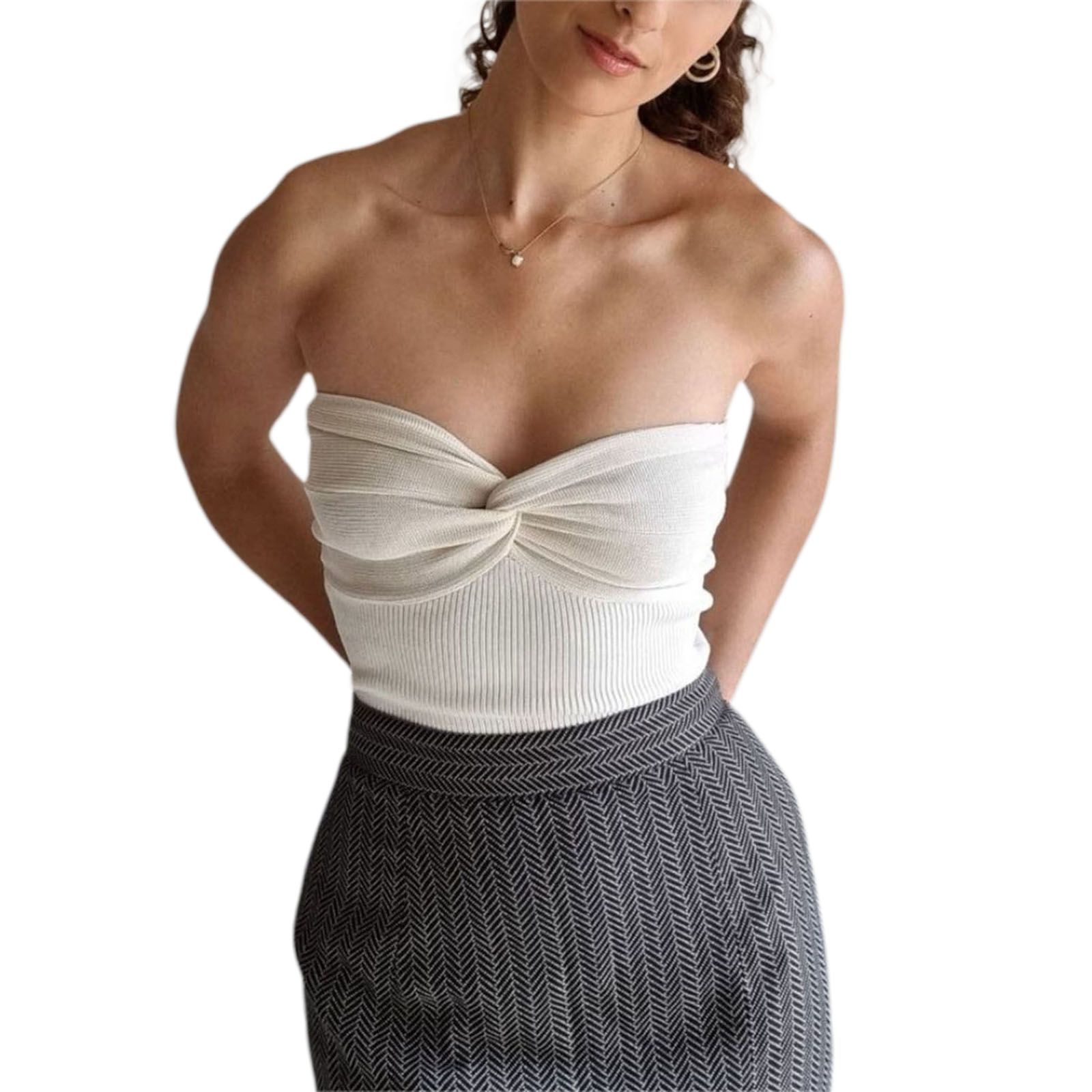 Women Fashion Knitted Tank Tops Solid Color Strapless Tube Tops Sleeveless Backless Front Cross Knot Vest