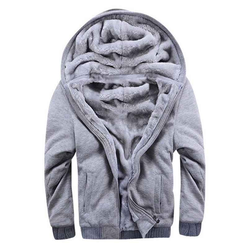 Men's Winter Thick Warm Jacket Solid Color Fleece Zipper Hooded Fleece Long-Sleeved Thick Coat Men's Solid Color Parka