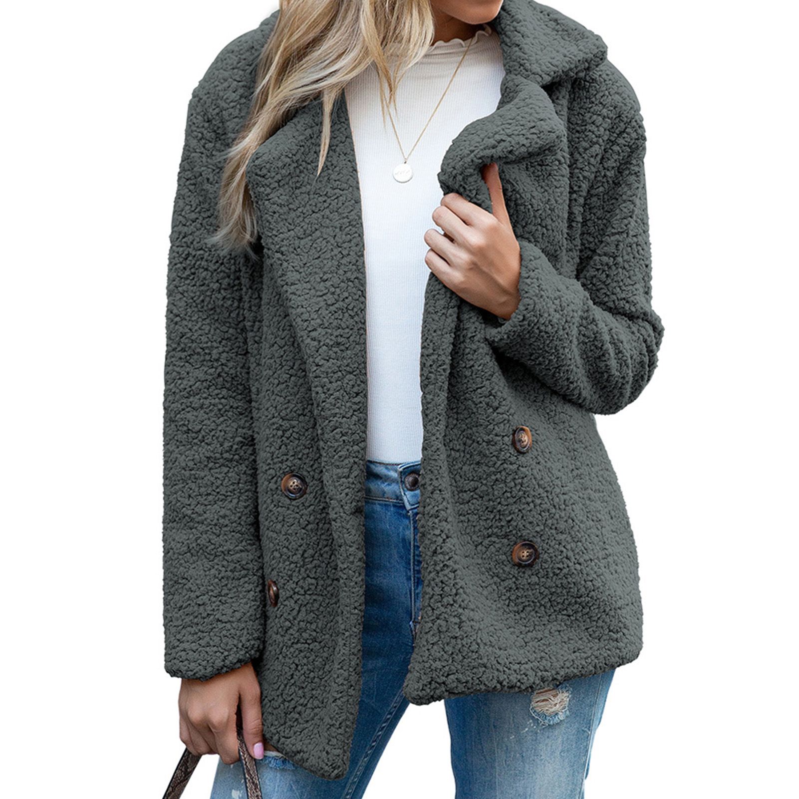 Women Winter Faux Fleece Long Sleeve Buttons Lapel Coat Open Front Warm Jacket