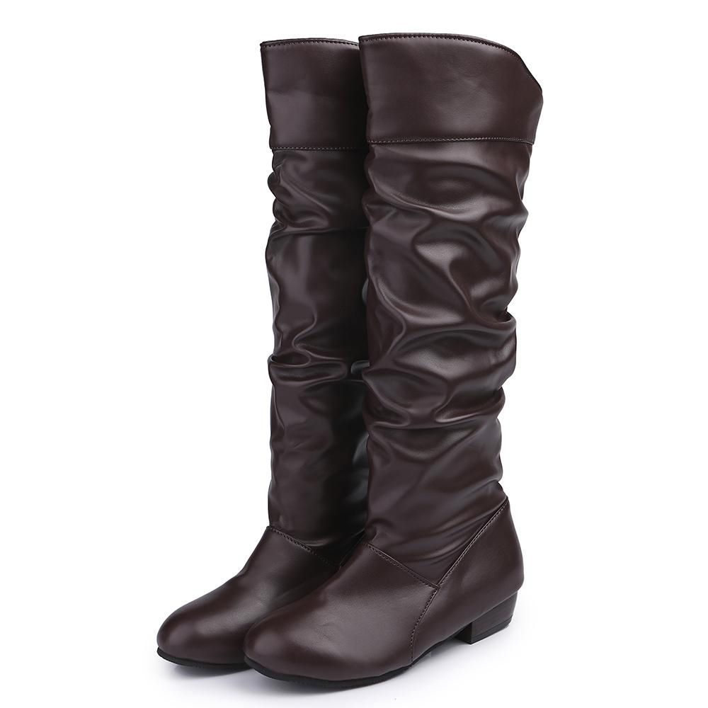 Women Shoes PU Leather Thigh High Boots Ladies Round Toe Over -the- Knee High Flat Heel Zippers Long Boots