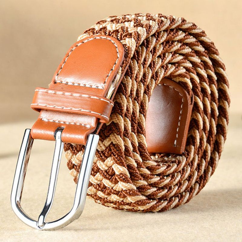 Best YBT Unisex Knitted Woven With PU Leather Belt Pin Bucket Belt Elastic Solid Color Plain Webbing Men And Women Belt