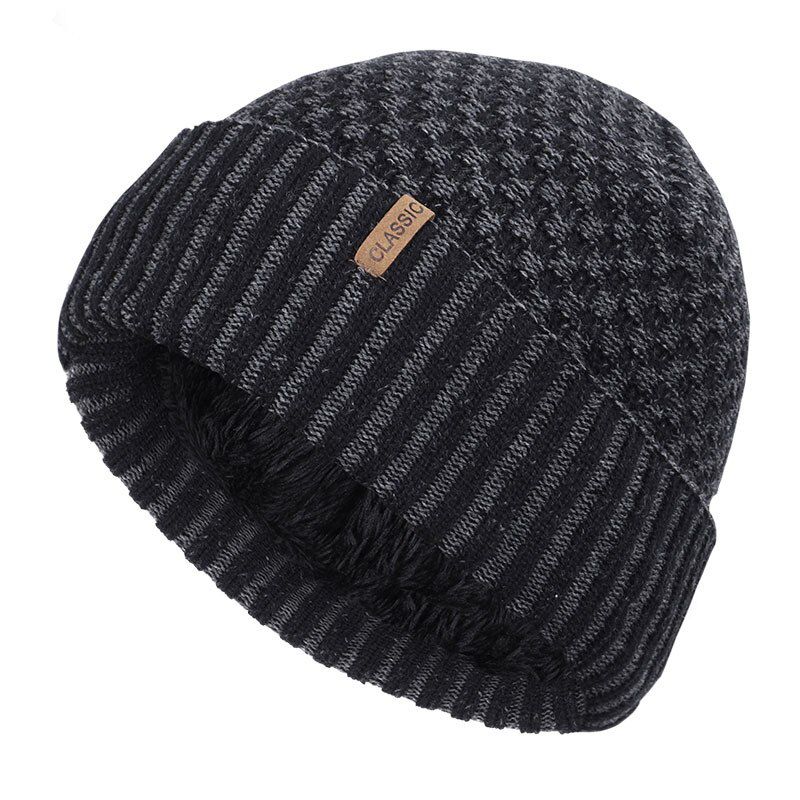 Fashion Classic Winter Warm Knit Beanie Thick Lining Plus Velvet Casual Hat Dad Hat Fleece Soft Cap Male Bone