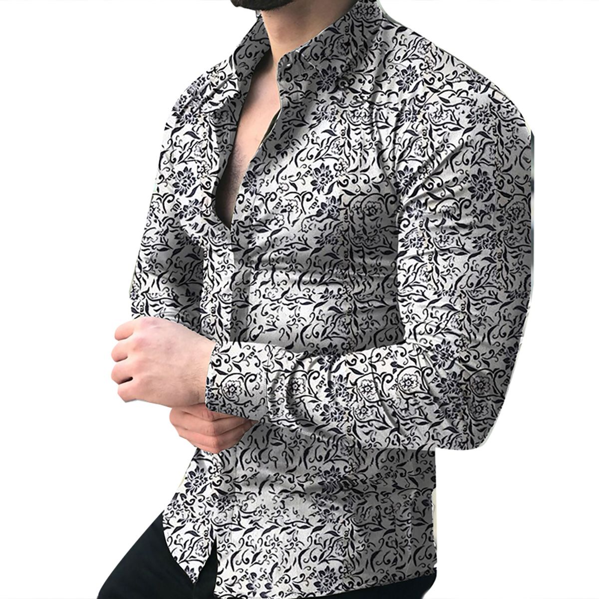 Fashion Men Floral Print Slim Fit Long Sleeve Button Turn Down Collar Shirt Top