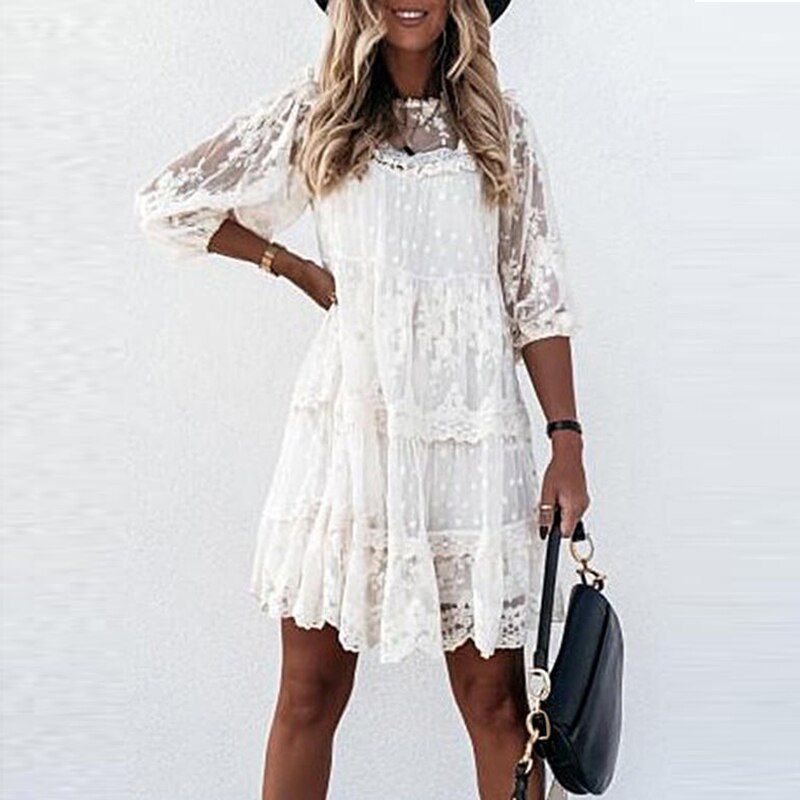 Women Elegant Lace Embroidery Party Dress Fashion Vintage Ruffle 3/4 Sleeve Dresses Ladies O-Neck Solid Sheer-Mesh Dress