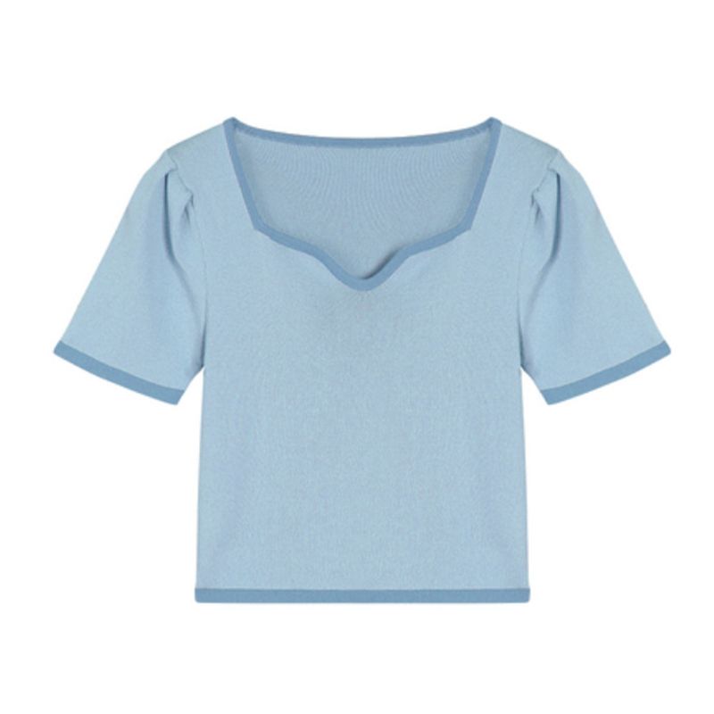 Yfashion Women  -shirt Cotton Blended Knitted op Short-sleeved Solid Color Square Neck Sweater color