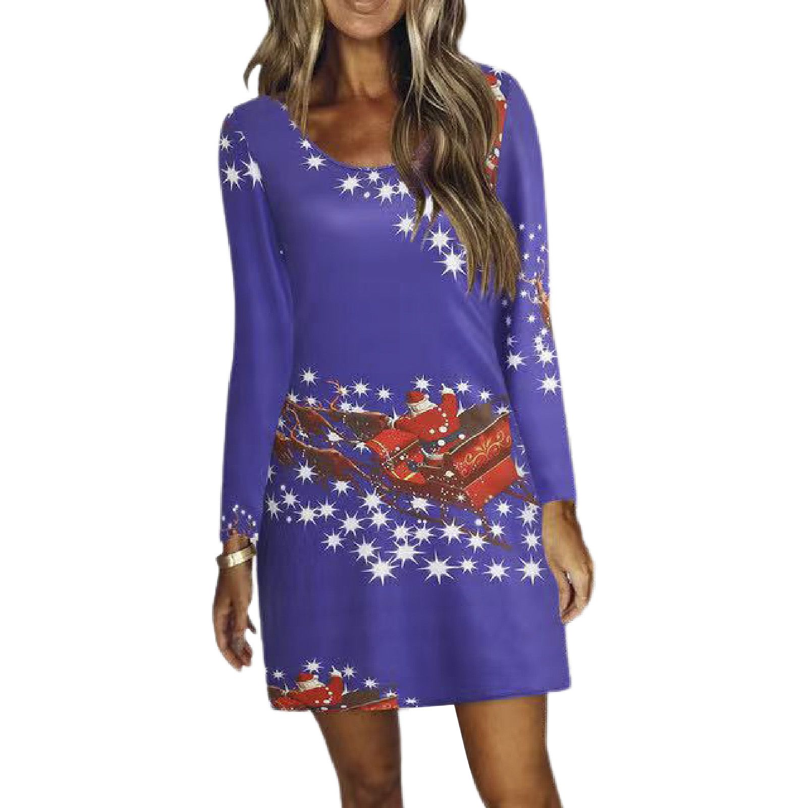 Christmas Dress Round Neck Santa Claus Print New Year Dress