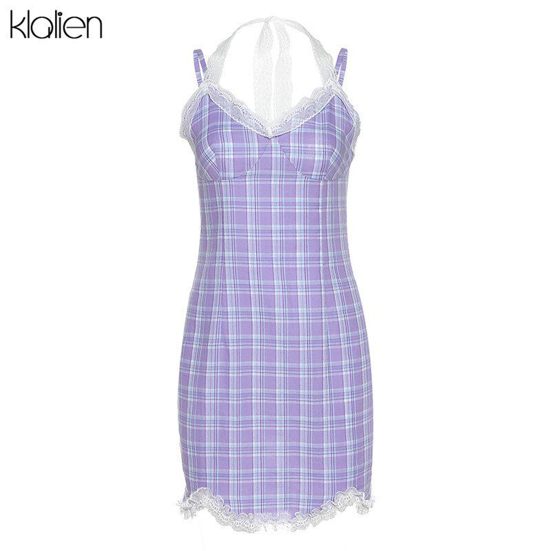 cute sweet lace purple plaid Strap dress women summer fashion party birthday soft cotton mini bodycon dress women