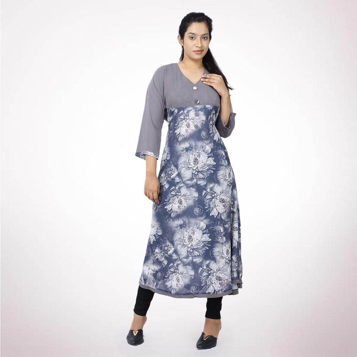 Blue and Grey Georgette Long Sleeve Kurti For Women