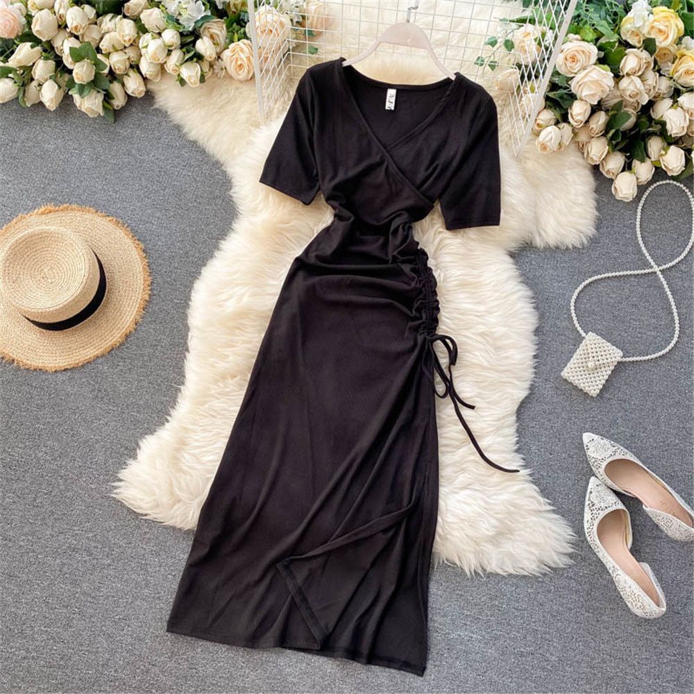 Women Summer Casual Dress V-Neck Short Sleeve Drawstring Folds High Waist Slim Midi Dresses Woman Sundress Female Clothes 2021