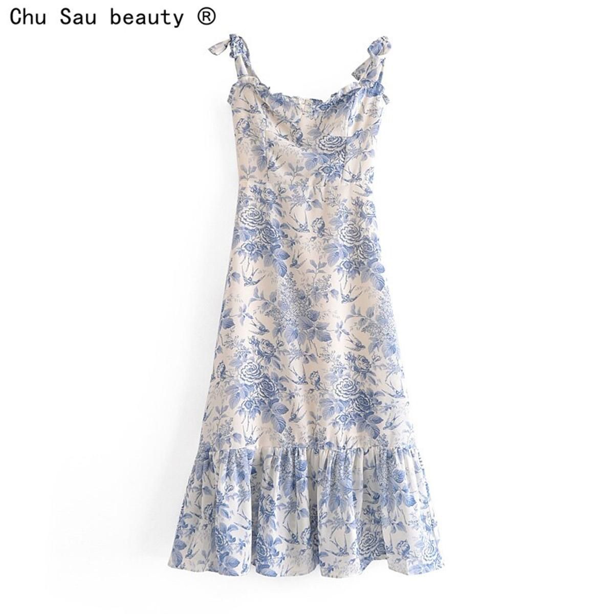 Summer New Lace Up BowknotHigh Waist French Vintage Printed Ruffle Camisole Dress Female Fashion