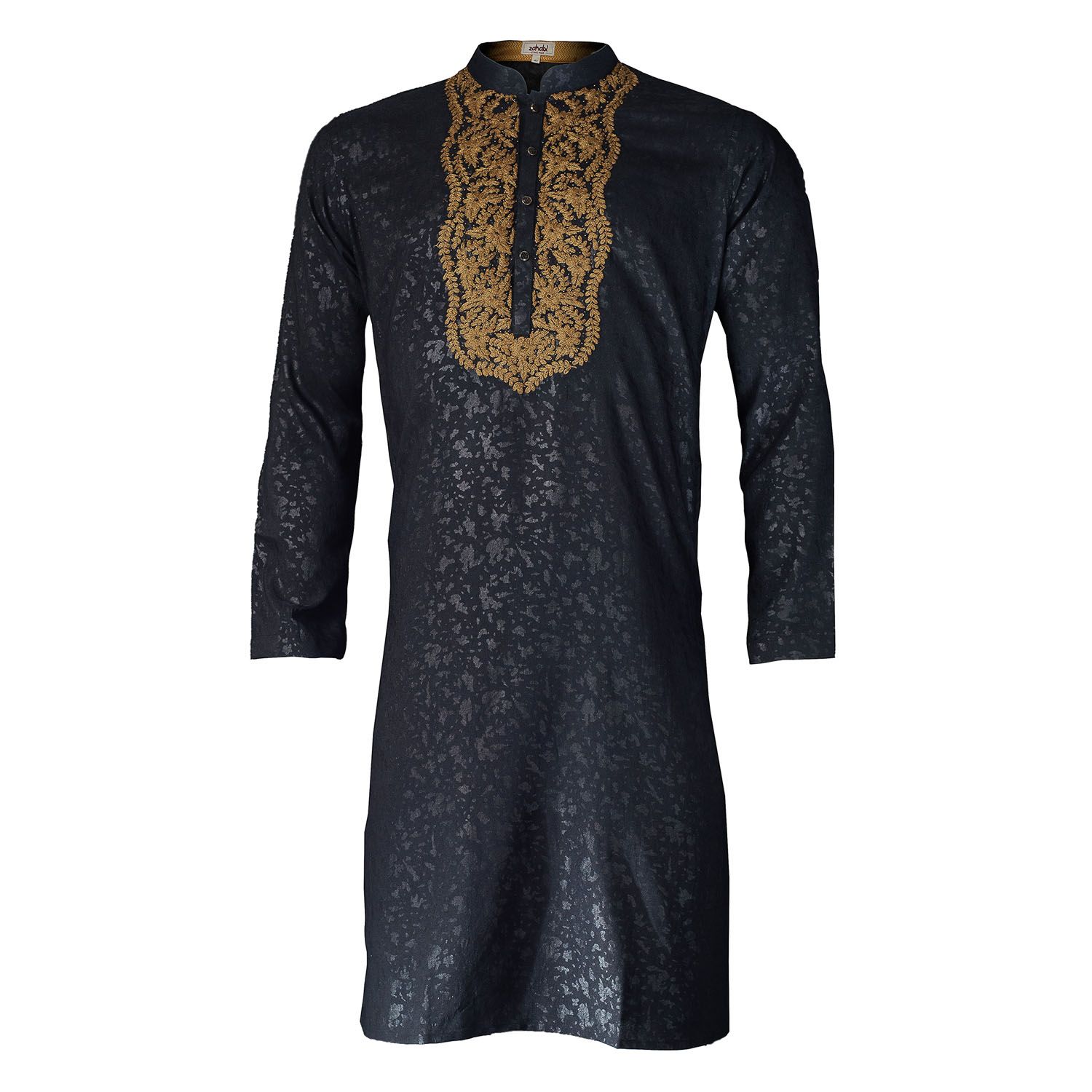 Black Hand Made Cotton With Yarn work Semi Long Panjabi For Men