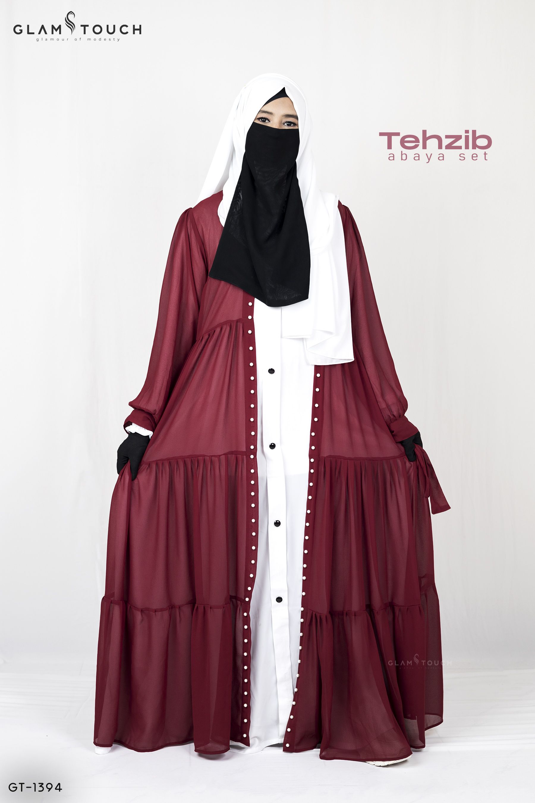 Glam Touch- 4 Part High Quality TEHZIB ABAYA SET(Gown + Koti/Kimono + Matching Hijab + Nose Niqub) Made With Premium Dubai Cherry Fabric for Muslim Women