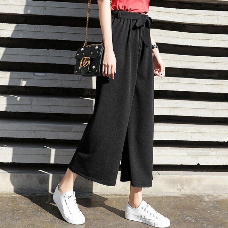 Women Tie Wide Leg Pants Solid Color Pantalones Female High Waist Thin Plus Size Casual Ladies Culottes Trousers