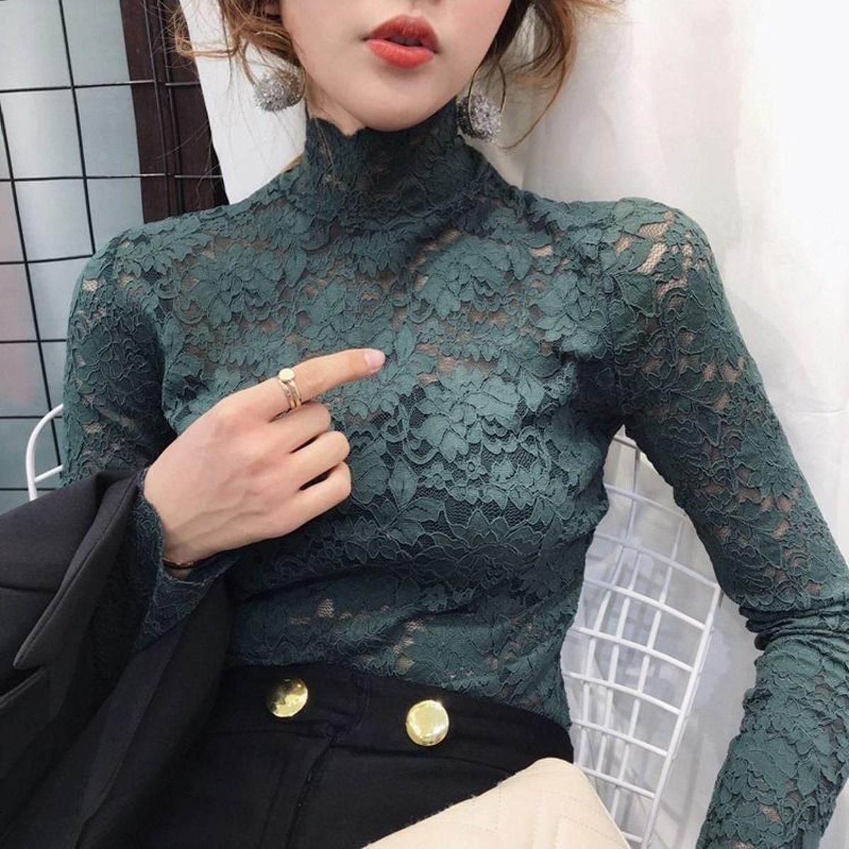 Autumn Women Thin Black Lace T shirt  Turtleneck Long Sleeve Slim Lace Crochet Patchwork Tee Tops WDC6074