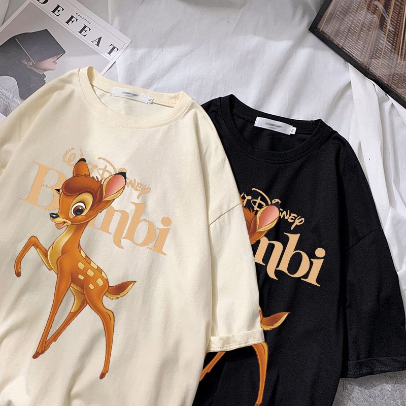 Disney Cute Couples Uni Women T-shirt Cute Fawn Bambi Cartoon Letter Print Cotton Tee Short Sleeve Top 9 Color