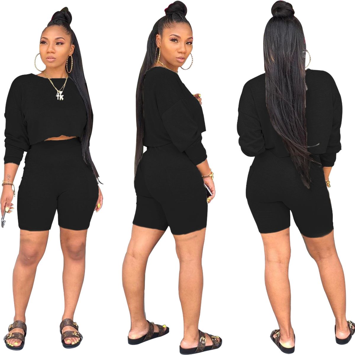 2021 2 Pcs Women Short Solid Color Outfits, Long Sleeve Round Neck T-shirt Side Pocket Shorts Casual Styl