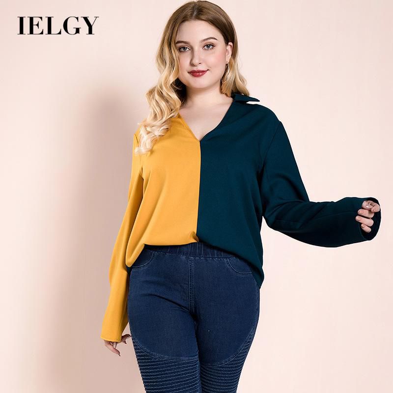 IELGY Women's clothes plus size top yellow casual all-match V-neck fashion long sleeve shirt