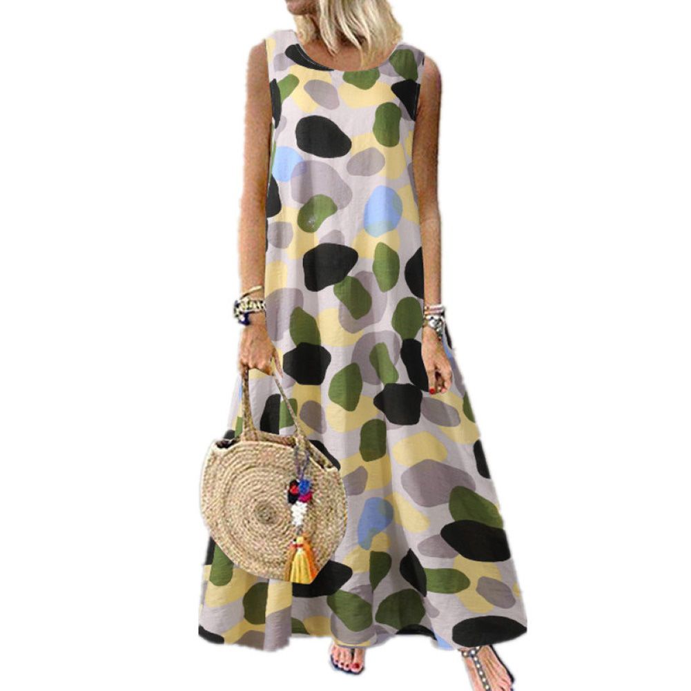 Women Summer Round Neck Sleeveless Printed Long Dress