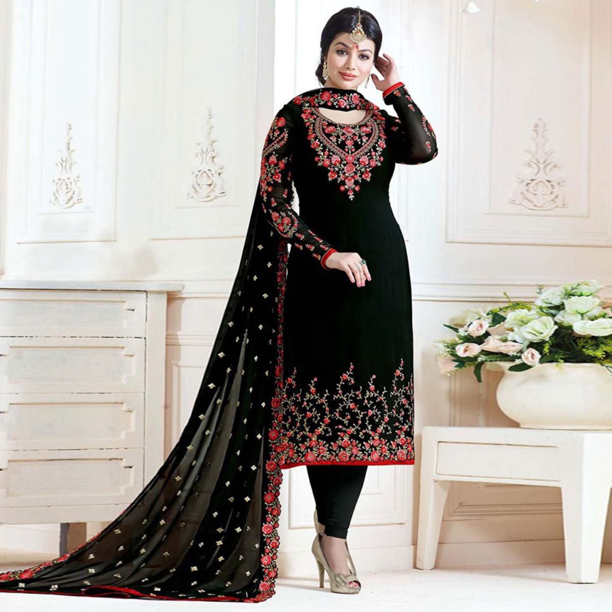 Unstitched Black Georgette Embroidery Work Salwar kameez For Women