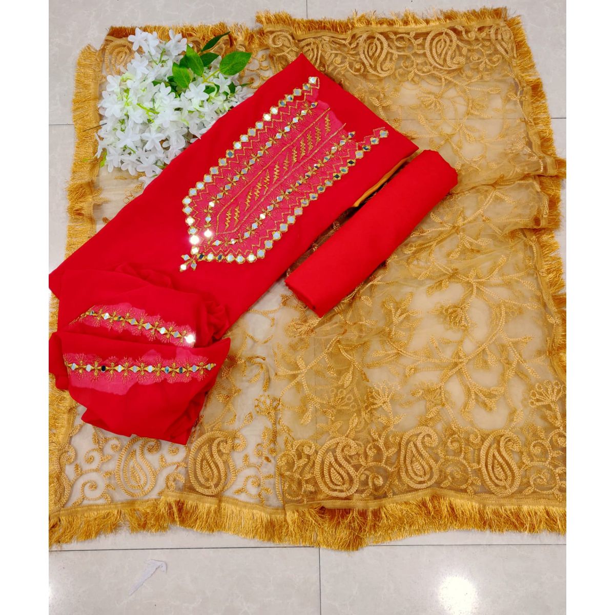 New Indian Unstitched Georgette/Jorjet Shalwar Kameez Three Piece Party Dress {3 Piece}
