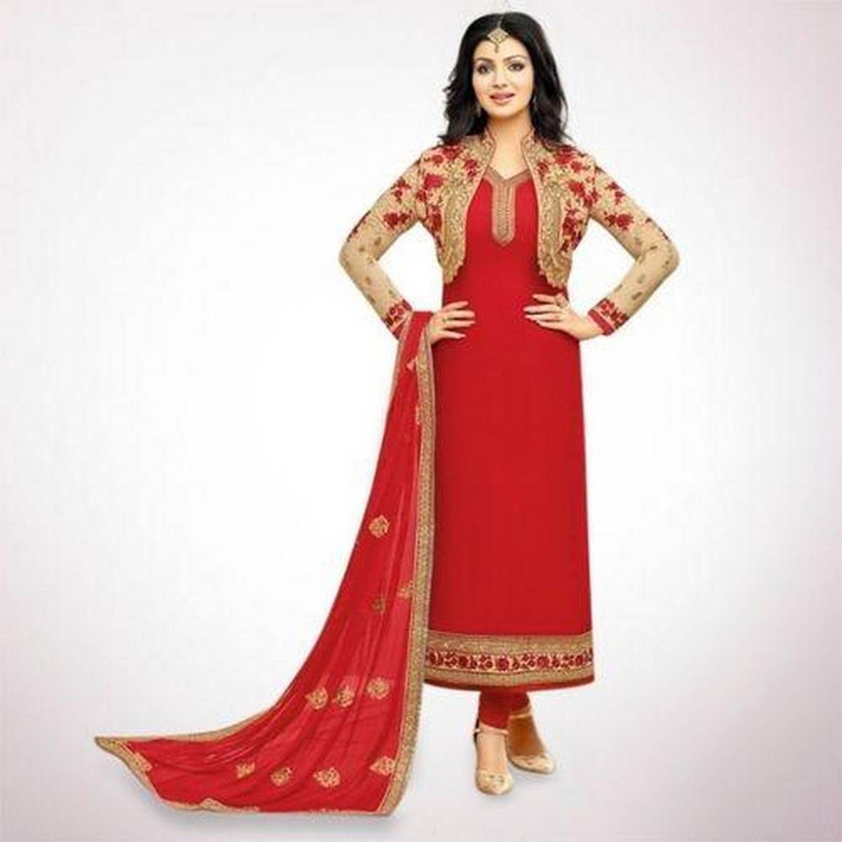 Semi Stitched Red and Golden Georgette Embroidered Salwar Kameez for Women