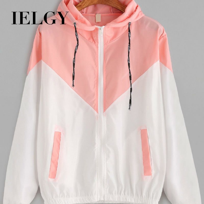 IELGY Fashion Drawstring Hooded Zip-up Colorblock Plus Size Women's Jacket