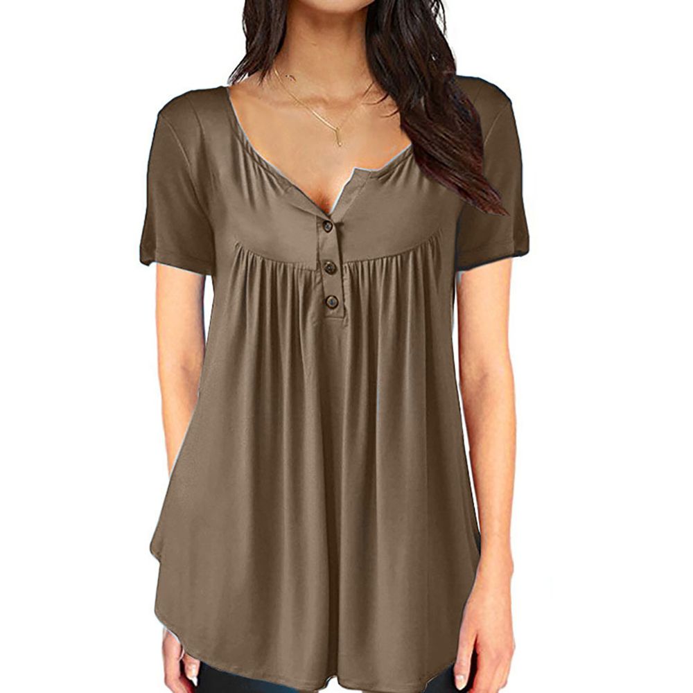 Women V Neck Short Sleeve Top Button T Shirt Blouse
