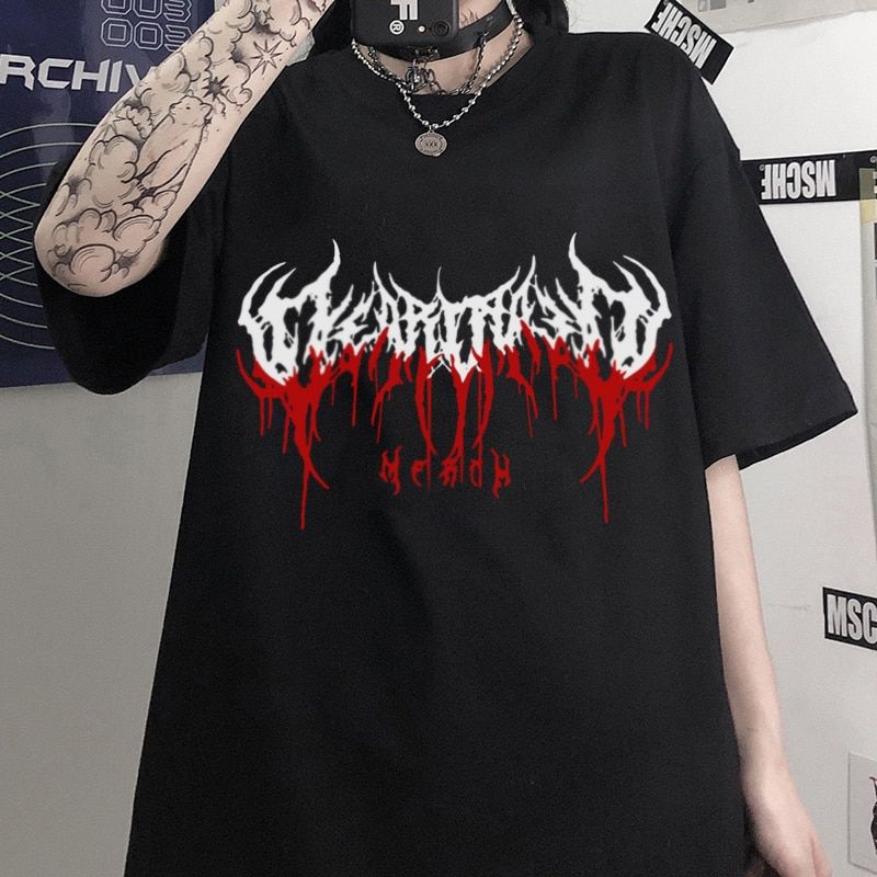 Men's T-shirt Harajuku Y2K Top Oversized T Shirt Retro Korean Style Black Demon Punk Gothic Anime Print Clothes Streetwear Tops