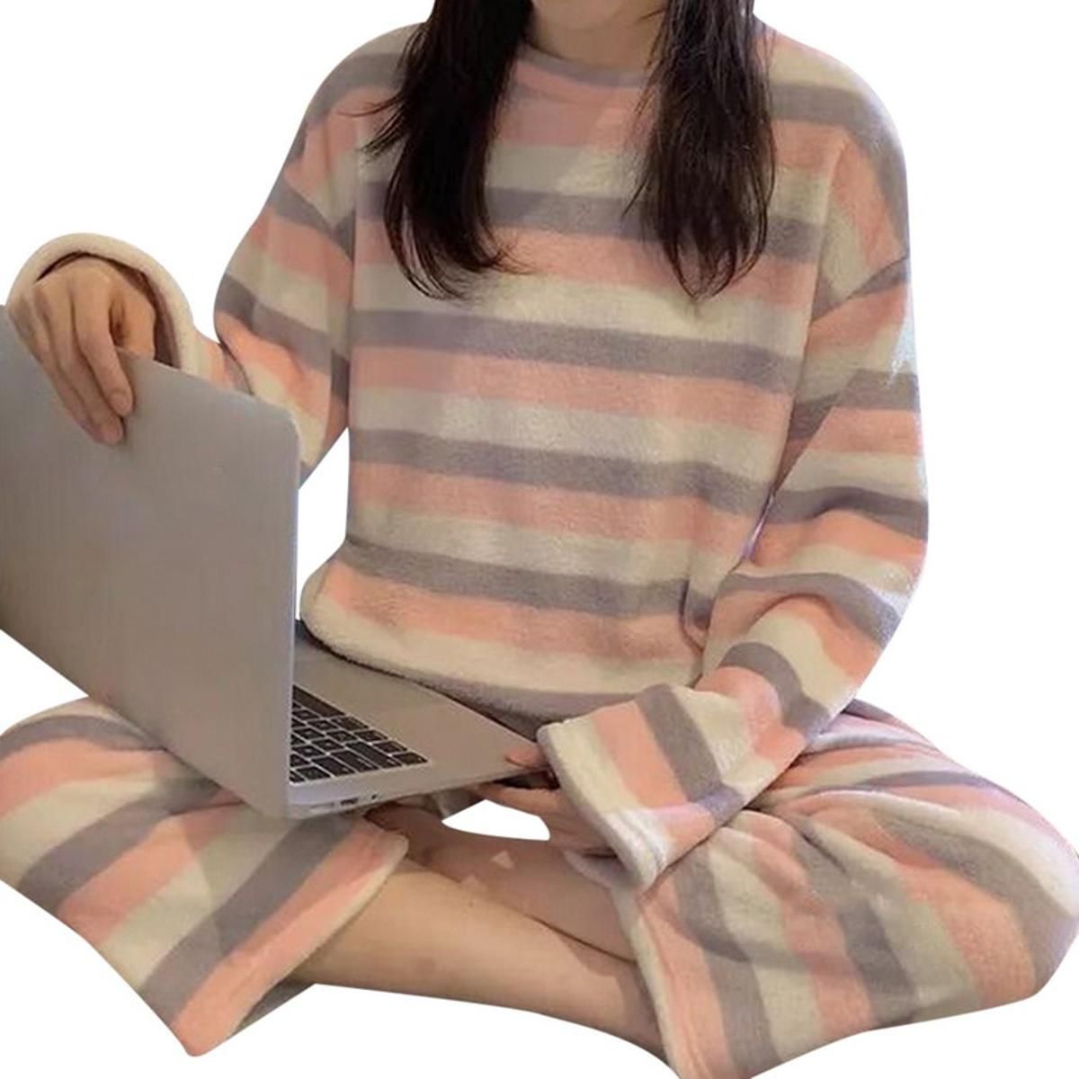 Autumn Winter Cartoon Printed Flannel Pajamas Set 2 Pieces Suits Sleepwear Long Sleeve Warm Thicken Sleepwear Loungewear