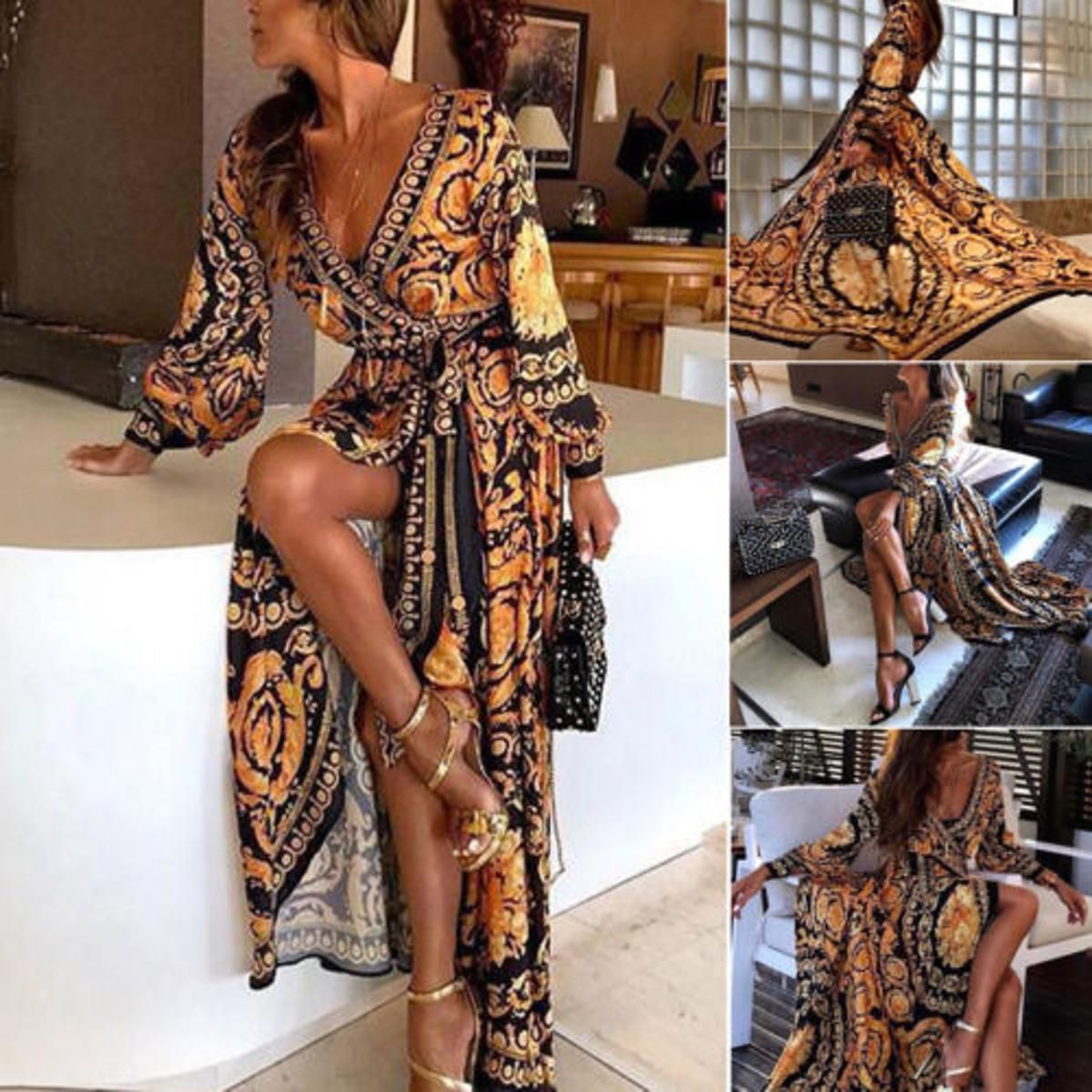 2021 Hot Women Retro Vintage Print Maxi Dress V Neck Long Sleeve High Split Dresses Ladies Summer VestidosLoose Beach Dress