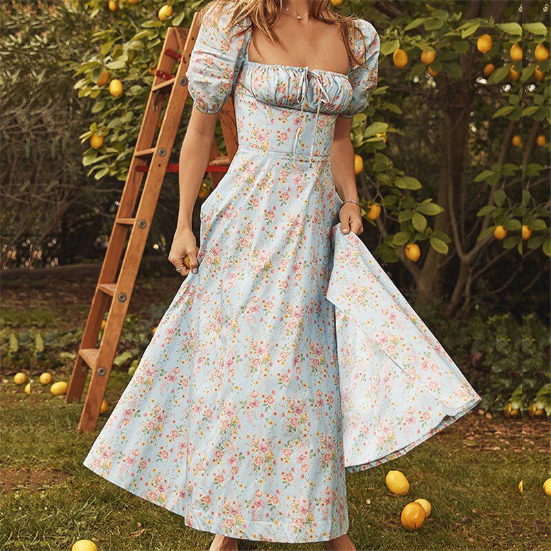 Short Puff Sleeve Flroal Printed Ruched Party High Split Women Summer Dress Long Maxi Dresses Drawstring Vestidos Sundress