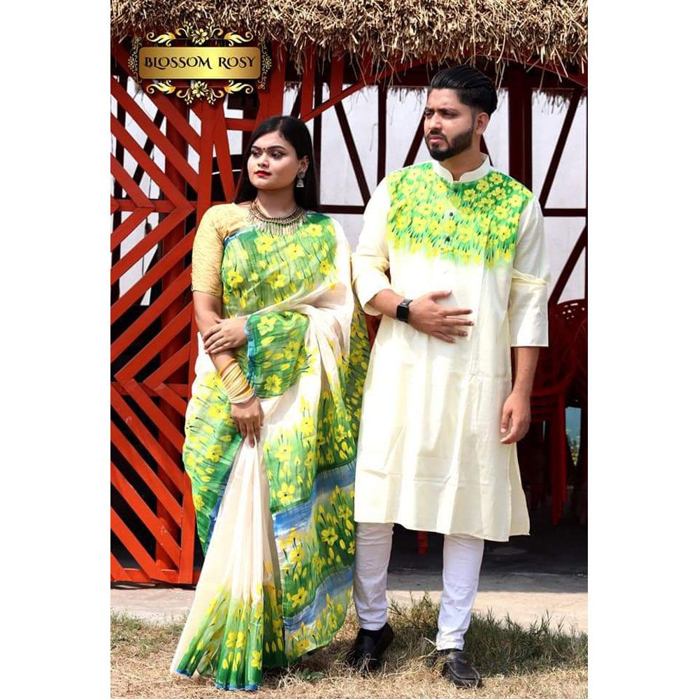 দম্পতির জন্য এক্সক্লুসিভ ডিজাইনার হাফ সিল্ক শুলি ফুল শাড়ি এবং ধুপিয়ান সিল্ক পাঞ্জাবি কম্বো