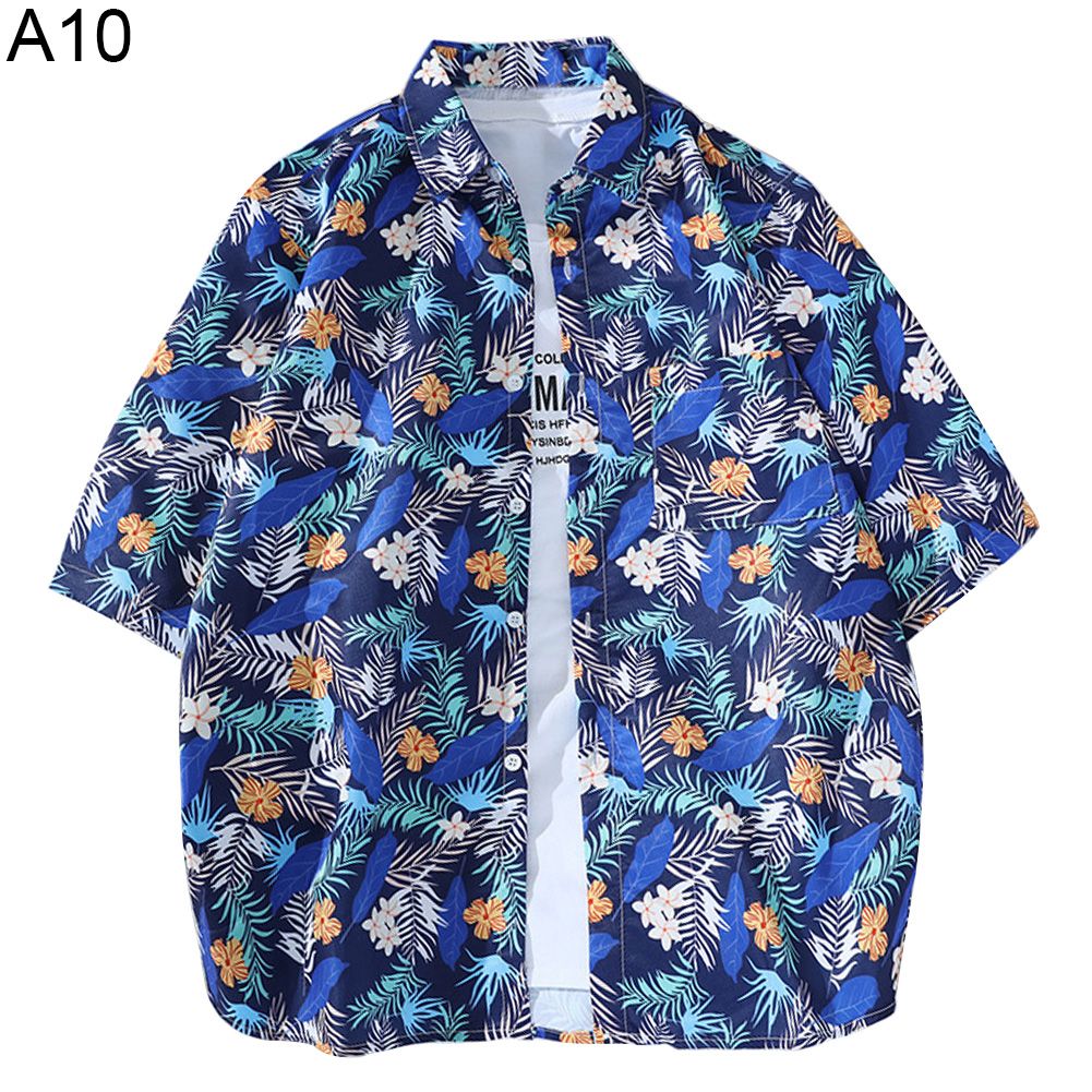 Casual Men Half Sleeve Pineapple Floral Leaf Print Beach Shirt Loose T-shirt Top