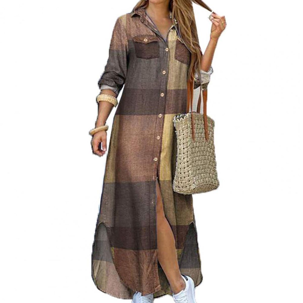 2021  New  Autumn  Casual Fashion Women Dress Single-ed Long Sleeve Printed Loose Maxi Loose Party  Shirt Dress for Office