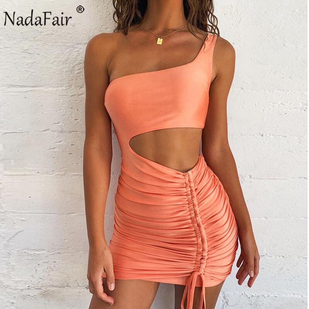 Nadafair Cut Out Mini Party Summer Dress Club Outfit Ruched One Shoulder Sheath Bandage Short Brown Bodycon Dress