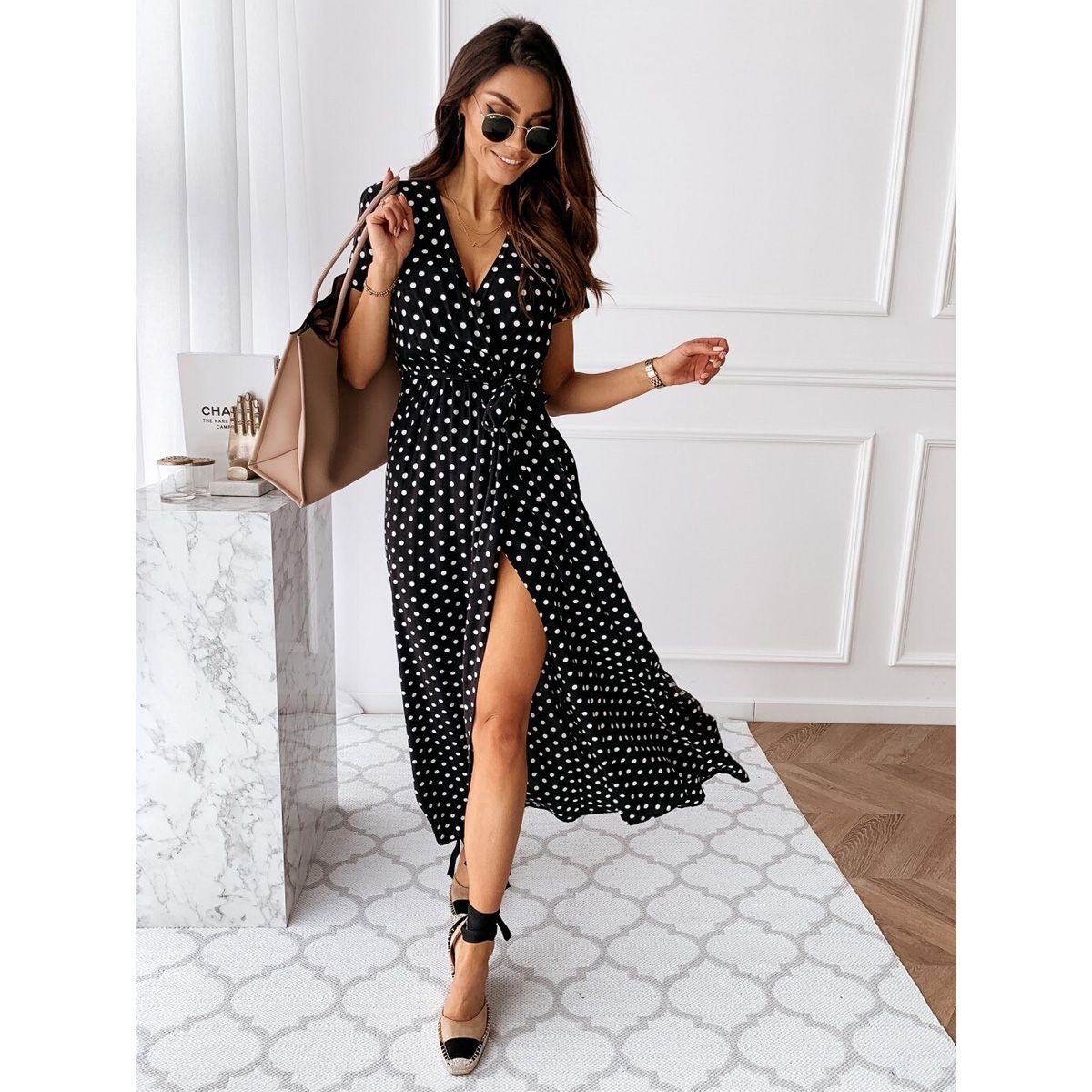 Women Dresses Summer Fashion Polka Dot Split Boho Dress Women Casual Beach Vacation Long Dresses Vestido De Mujer YS9885