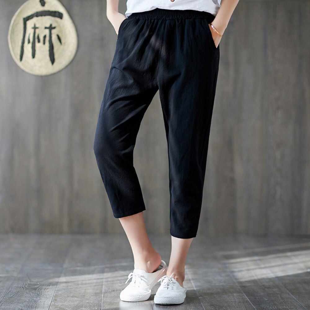 Plus Size Cotton Linen Trousers Women Summer Loose Harem High Waist Stripe Pocket Pant Casual Pantalon Female Sweatpants Trouser